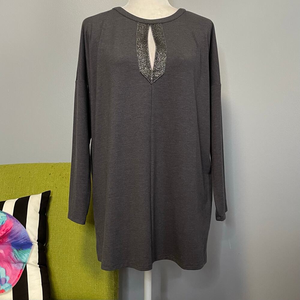 J Jill Grey Sparkle Keyhole Long Sleeve Tunic Top NEW